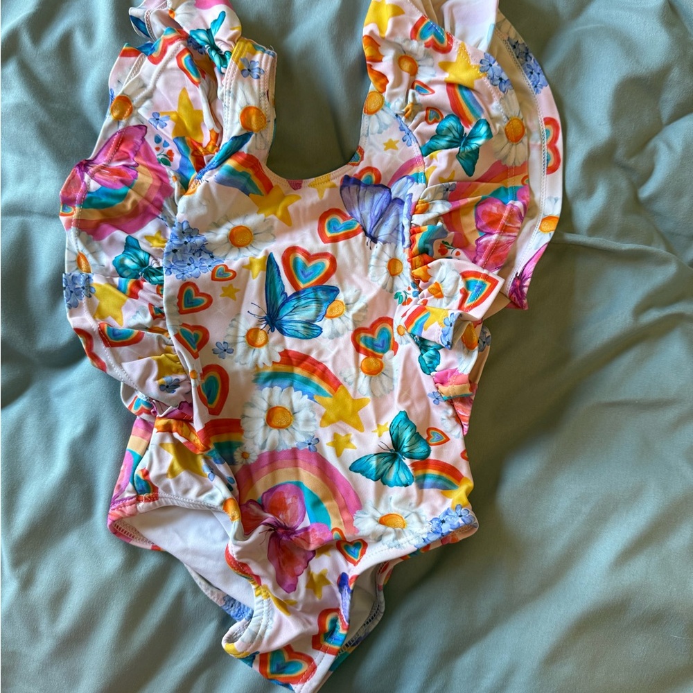 Posh Peanut Colorful Butterfly and Rainbow Kids Swim One Piece